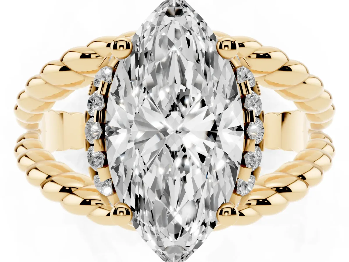 Marquise Cut Halo Twisted Band Four-Prong Ring Yellow gold