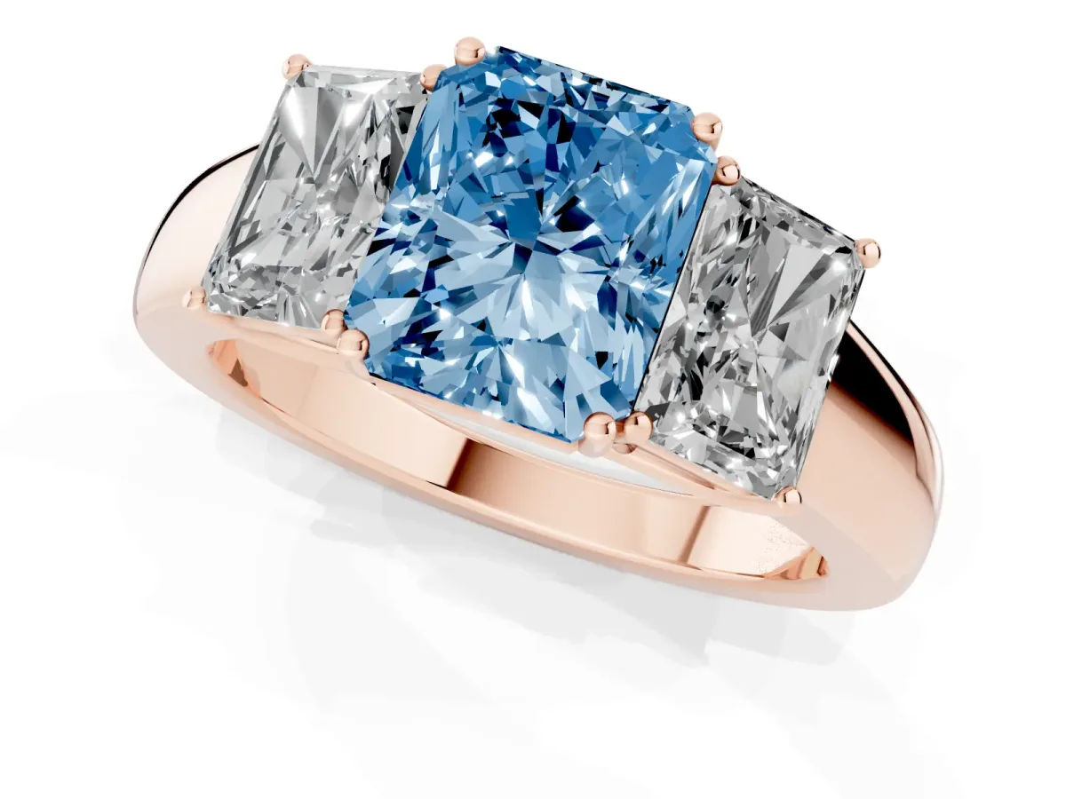 Fancy Blue Three-Stone Radiant Cut Cut Diamond Ring with Prong Setting and Classic Band Rose gold