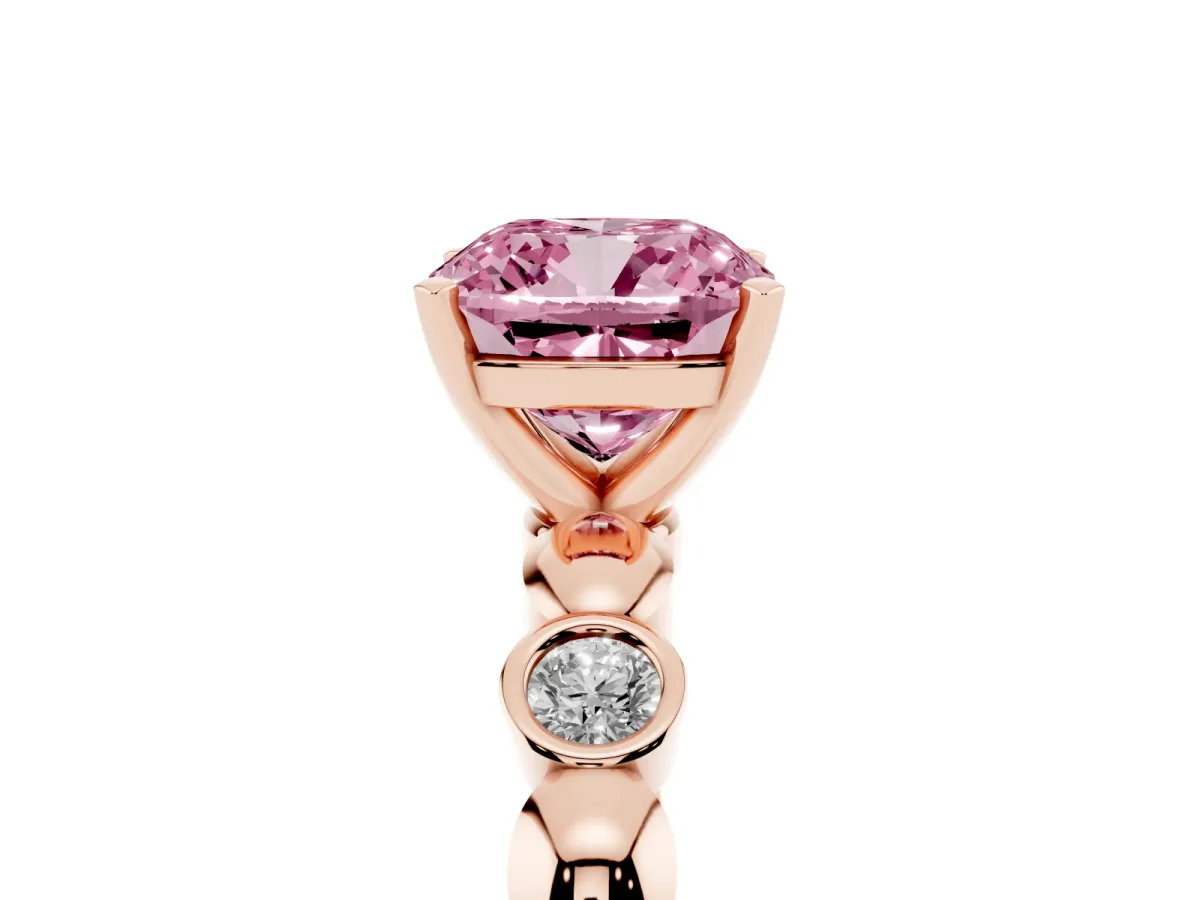 Fancy Pink Cushion Cut Solitaire Bezel-Set Diamond Ring with Beaded Band and Four-Prong Setting Rose gold