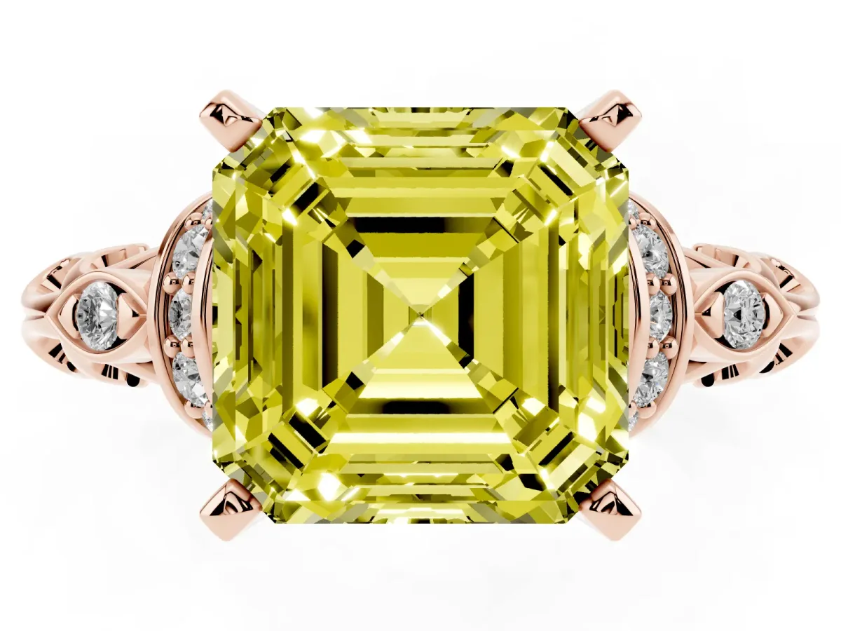 Fancy Yellow Asscher Cut Diamond Solitaire Ring with Filigree Band and Four-Prong Setting Rose gold