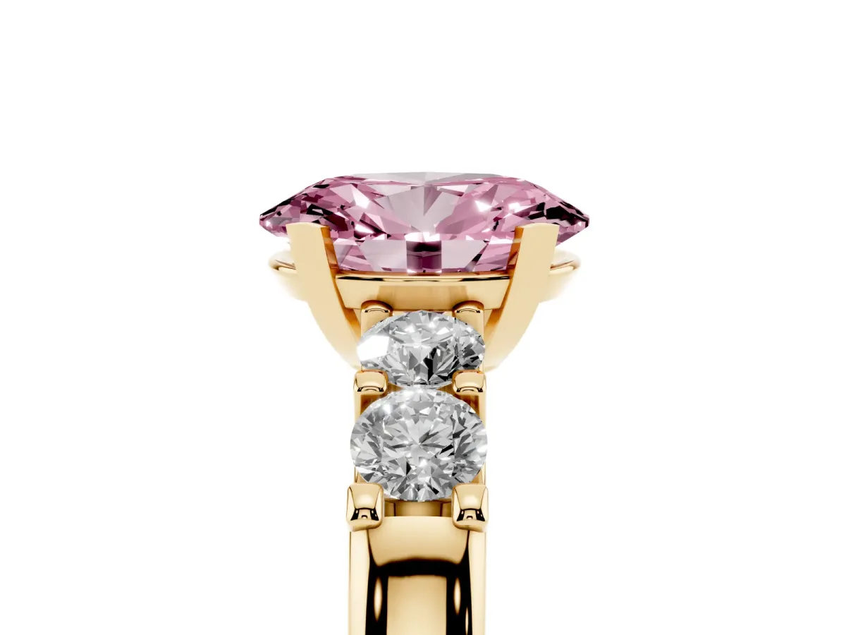 Fancy Pink Oval Cut Brilliant Cut Diamond Five-Stone Prong Set Engagement Ring with Channel Band Yellow gold