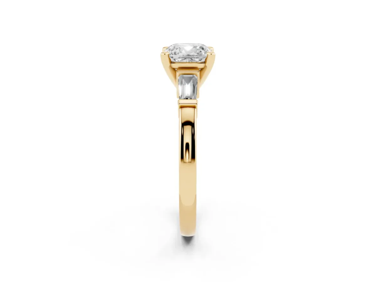Cushion Cut Cut Diamond Solitaire Ring with Tapered Baguette Accents and Four-Prong Setting Yellow gold