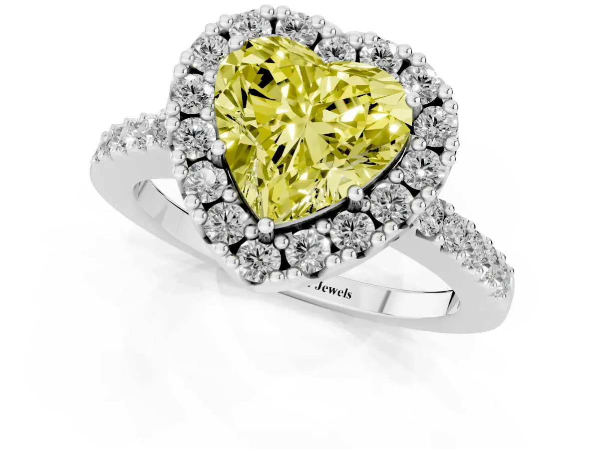 Fancy Yellow Heart Cut Halo Diamond Pavé Solitaire Ring Platinum