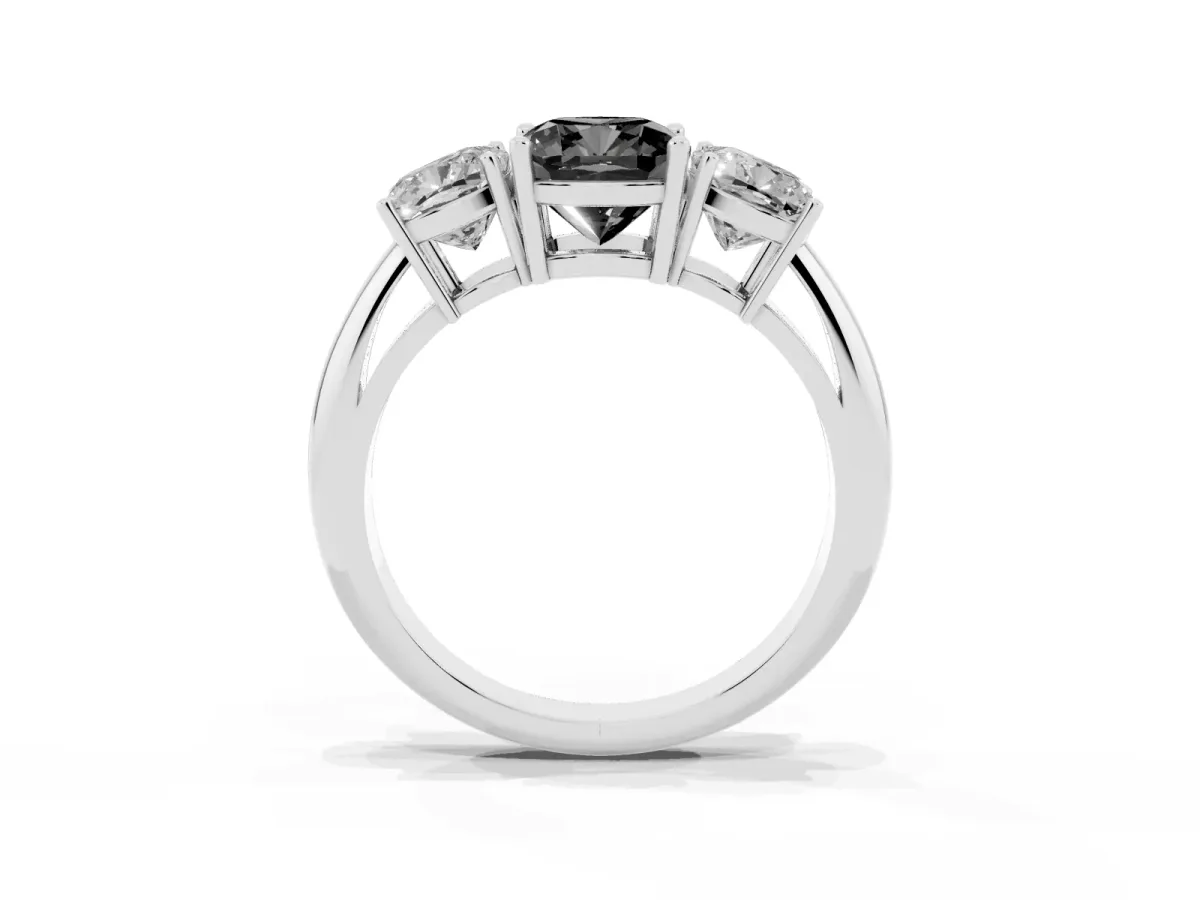 Fancy Black Three-Stone Cushion Cut Cut Diamond Engagement Ring with Prong Setting on a White Gold Band Platinum