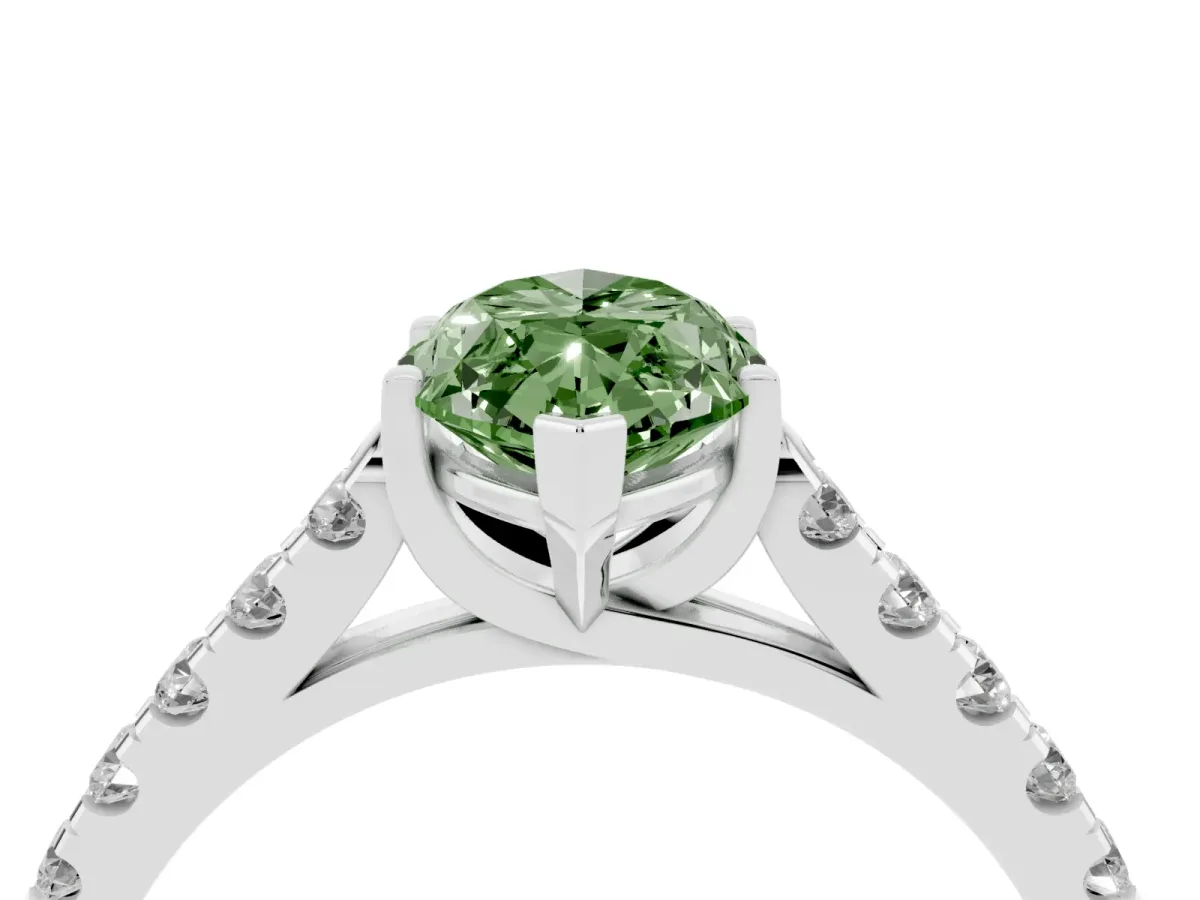 Fancy Green Marquise Cut Diamond Pavé Band Solitaire Ring with Prong Setting Silver