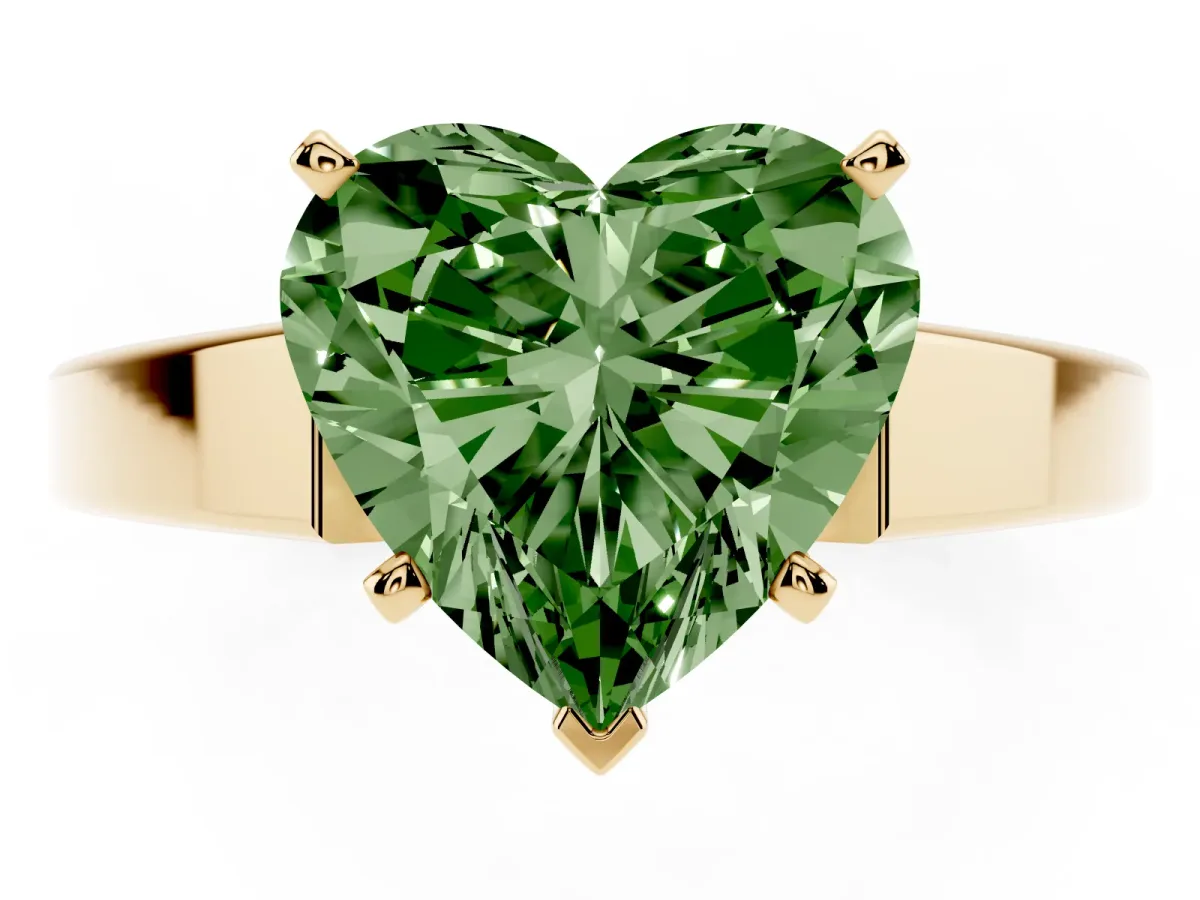Fancy Green Heart Cut Solitaire Engagement Ring with Four-Prong Setting and Tapered Band Yellow gold