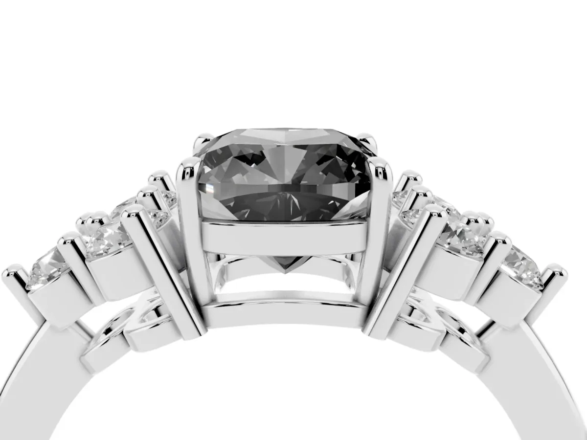 Fancy Black Cushion Cut Brilliant Diamond Cluster Accent Solitaire Ring with Prong Setting Silver