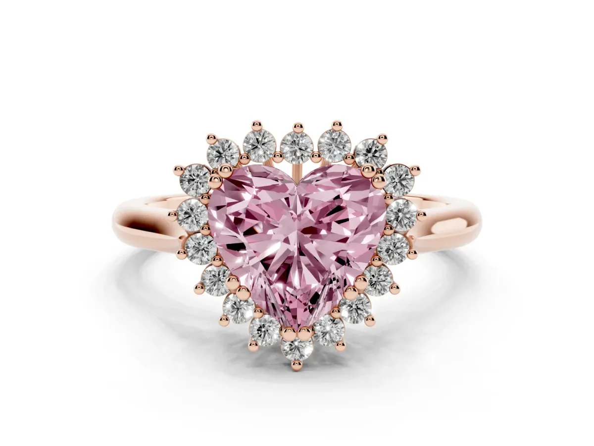 Fancy Pink Heart Cut Cut Diamond Halo Ring with Solitaire Band and Prong Setting Rose gold