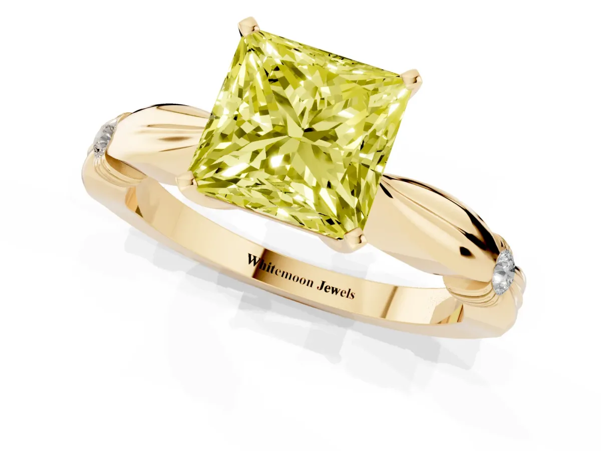 Fancy Yellow Princess Cut Solitaire Diamond Twisted Band with Four-Prong Setting Yellow gold