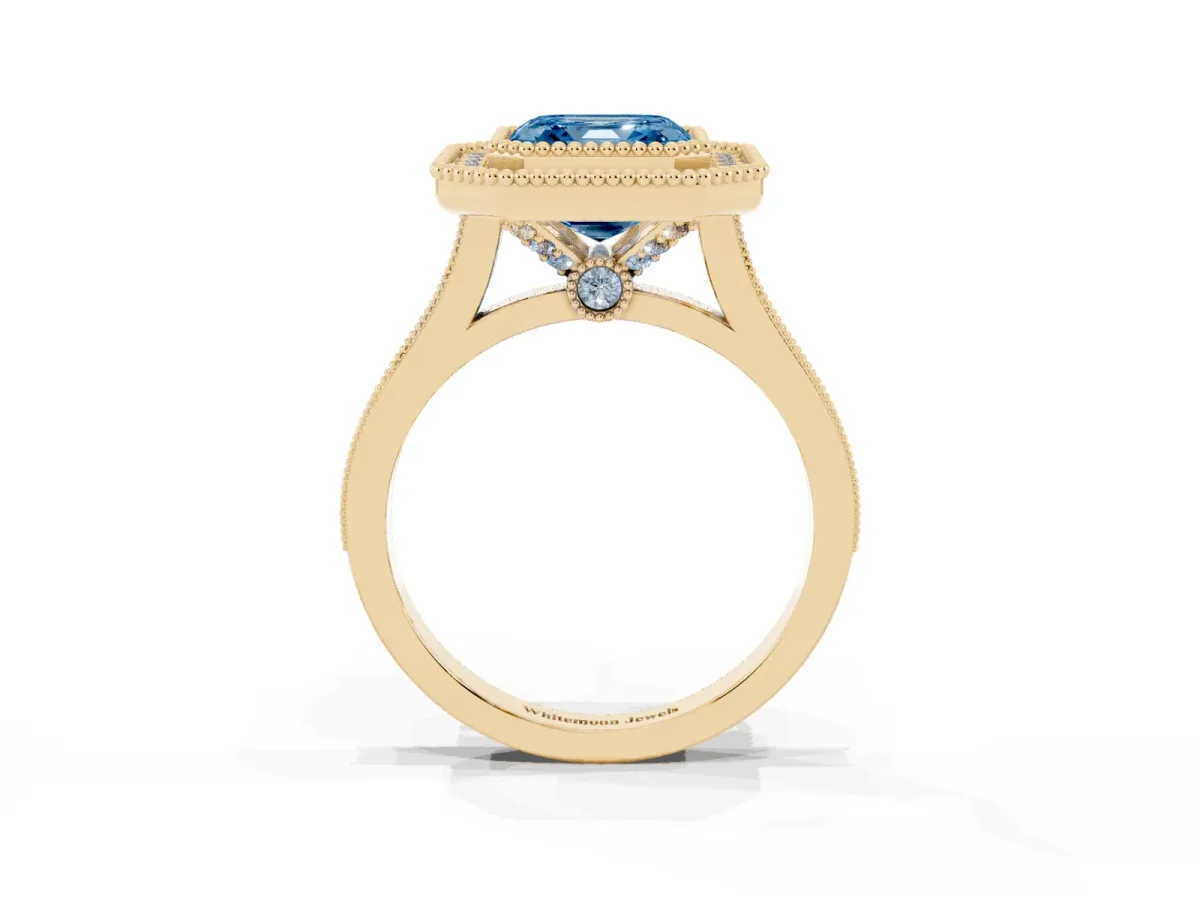 Fancy Blue Asscher Cut Diamond Halo Ring with Milgrain Frame and Pavé Band Yellow gold