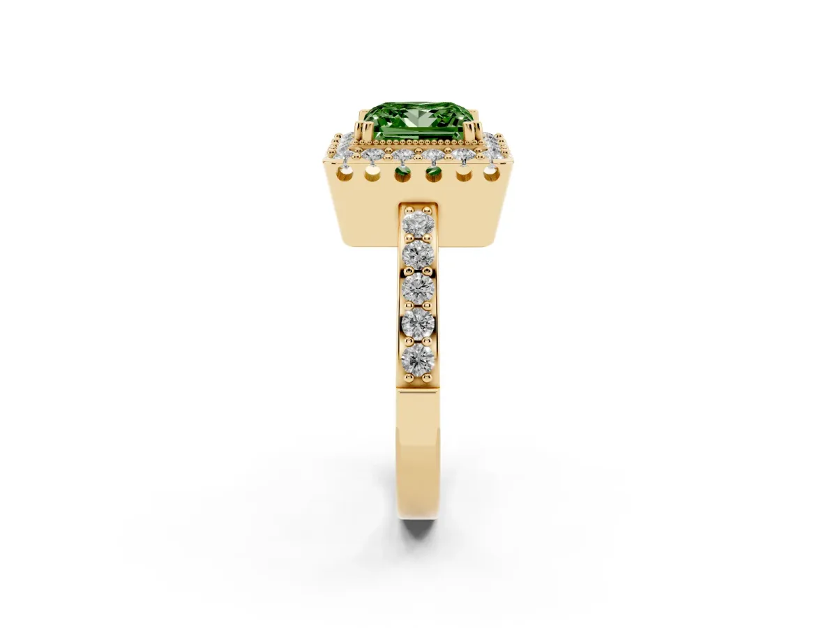 Fancy Green Princess Cut Diamond Halo Ring with Pavé Band and Prong Setting Yellow gold