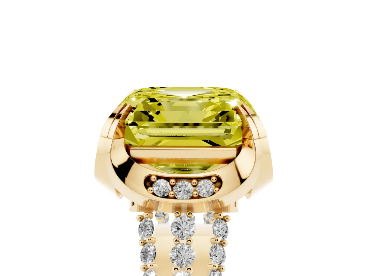 Fancy Yellow Asscher Cut Solitaire Pave Split Shank Ring with Four-Prong Setting Yellow gold