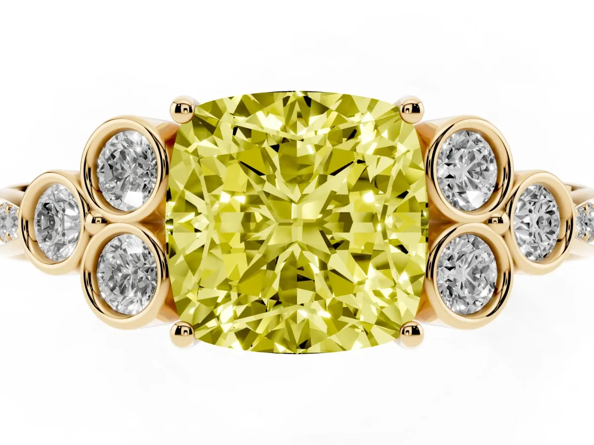 Fancy Yellow Cushion Cut Cut Diamond Engagement Ring with Bezel Set Round Side Stones and Prong Setting Yellow gold