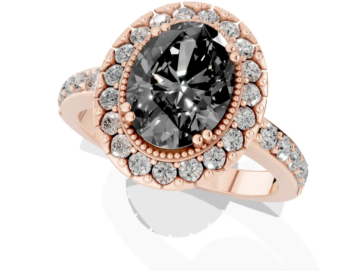 Fancy Black Oval Cut Diamond Halo Ring with Pavé Band and Prong Setting Rose gold