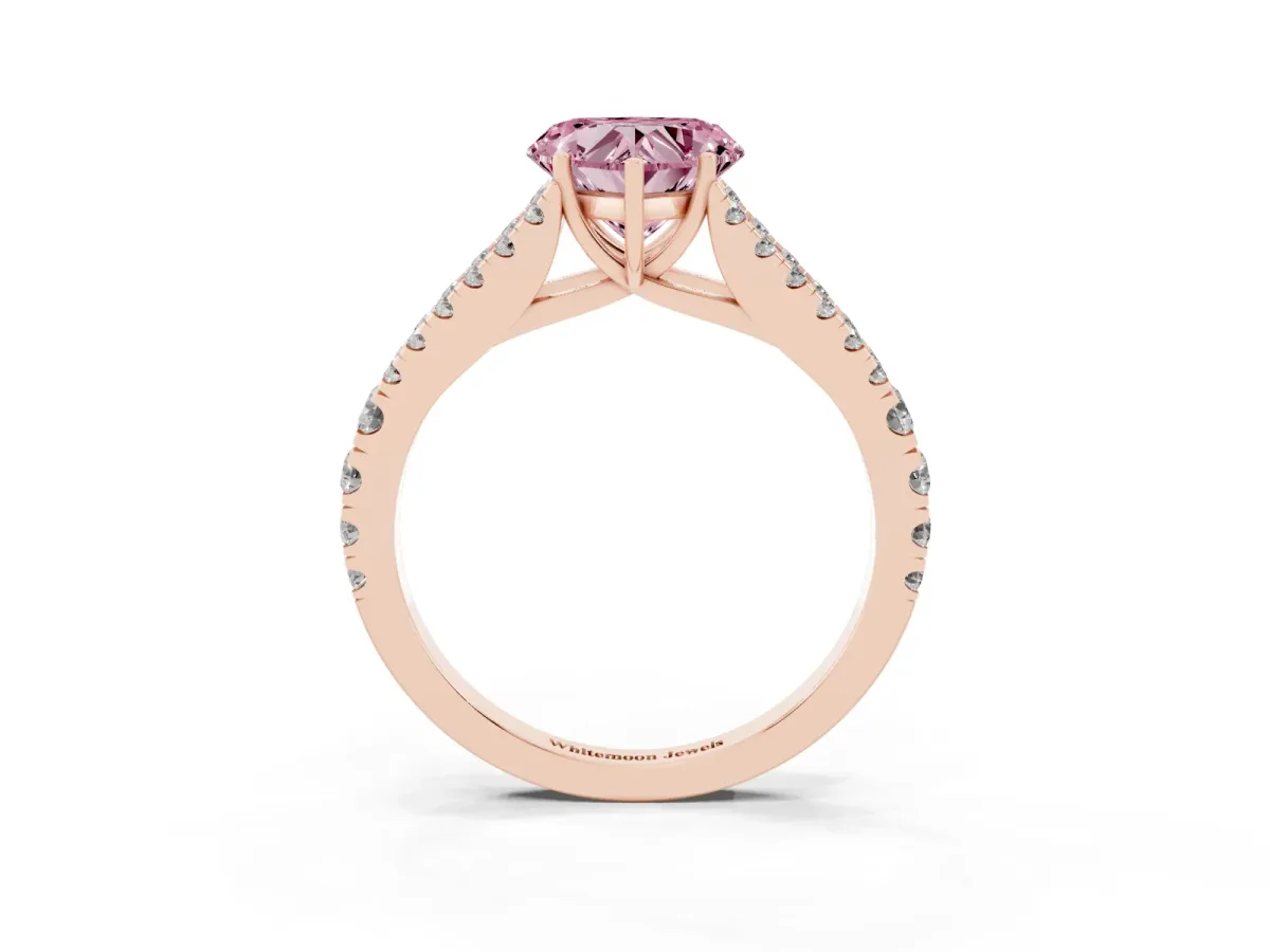 Fancy Pink Heart Cut Diamond Split Shank Pavé Engagement Ring with Four-Prong Setting Rose gold