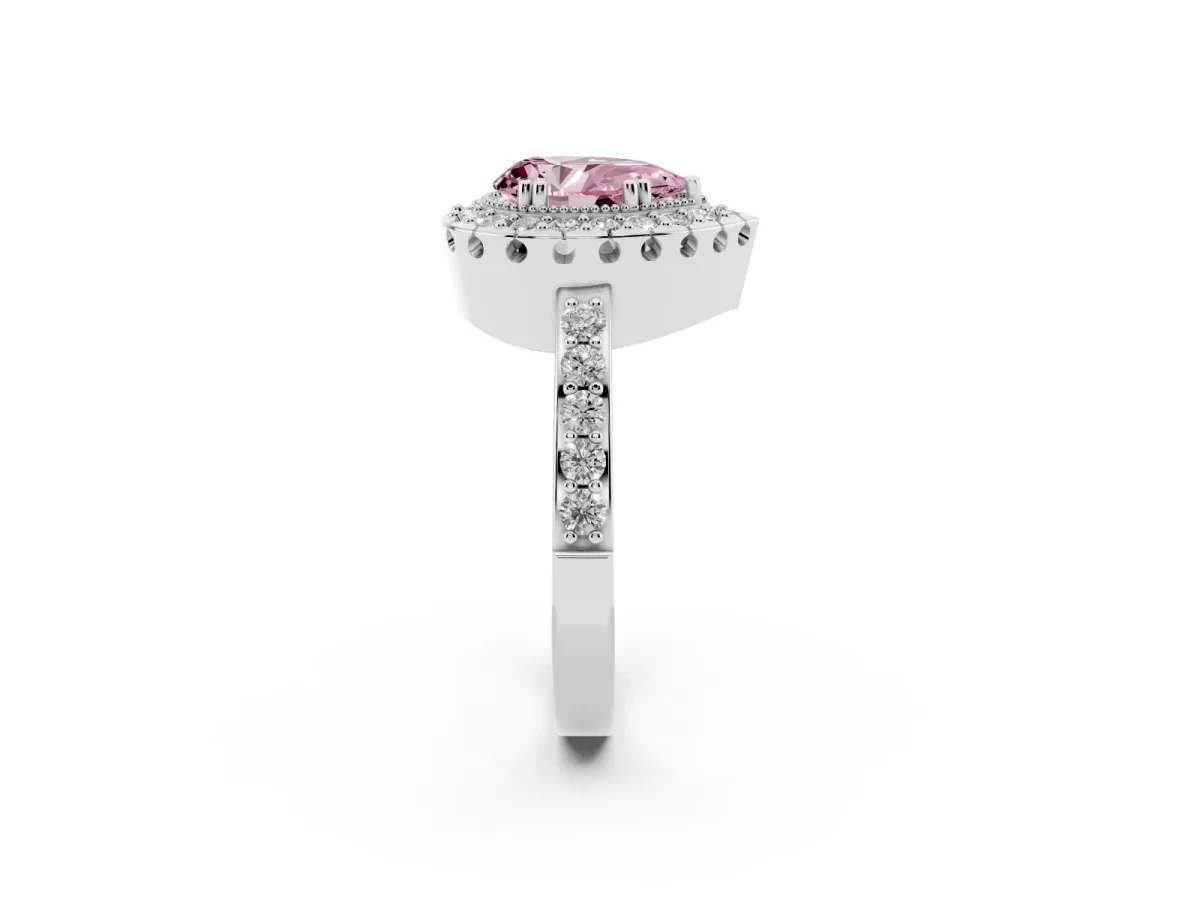 Fancy Pink Pear Cut Diamond Halo Ring with Pavé Band and Prong Setting Platinum