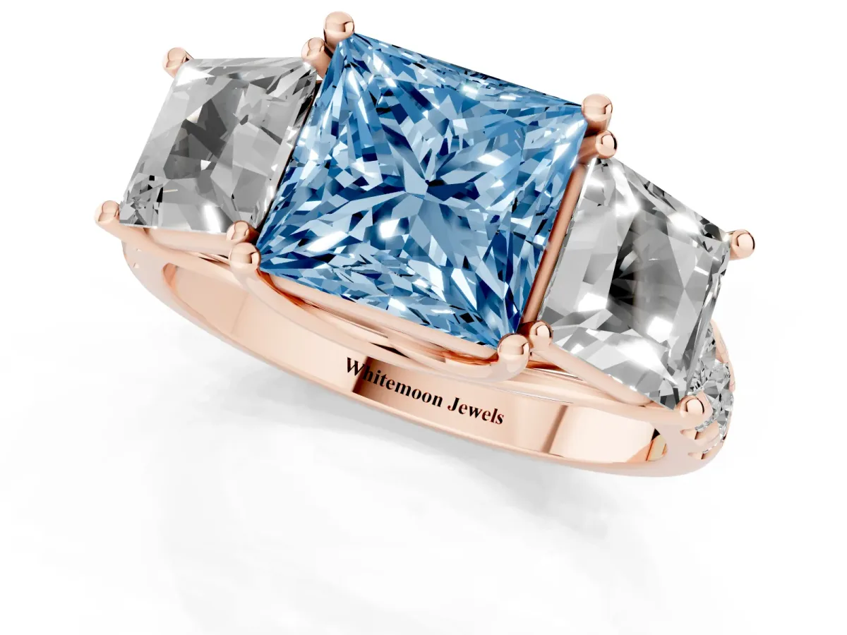 Fancy Blue Three-Stone Princess Cut Diamond Pavé Band with Prong Setting Rose gold