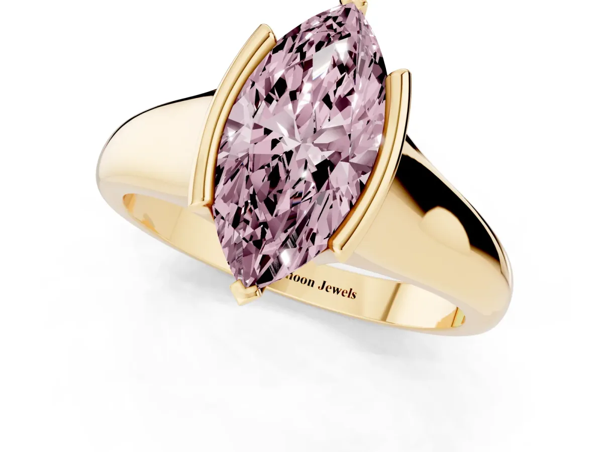 Fancy Pink Marquise Cut Solitaire Tension Set Diamond Ring with Split Shank Band Yellow gold