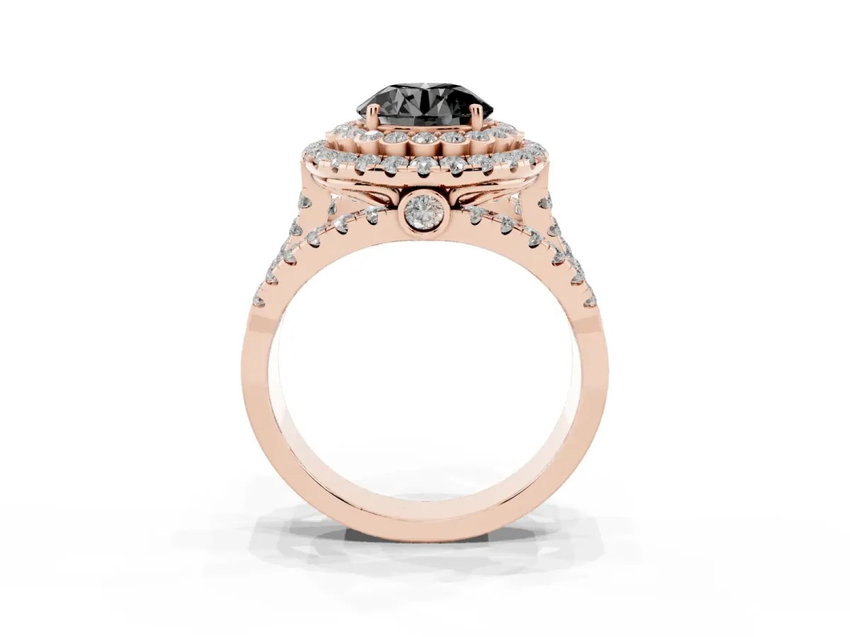 Fancy Black Round Cut Diamond Double Halo Ring with Round Pavé Split Shank and Prong Setting Rose gold