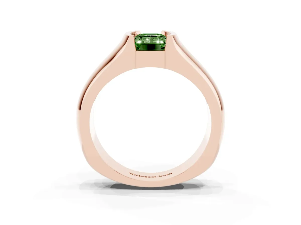 Fancy Green Emerald Cut Solitaire Bezel Set Diamond Ring with Wide Band Rose gold