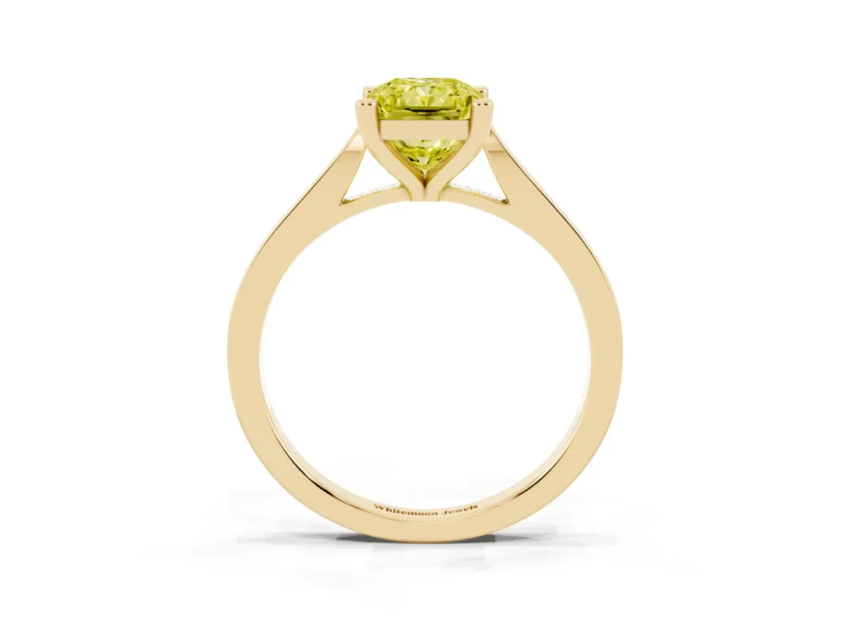 Fancy Yellow Radiant Cut Solitaire Diamond Ring with Four-Prong Setting and Tapered Band Yellow gold