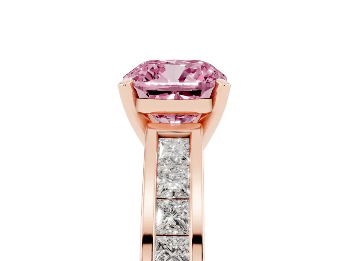 Fancy Pink Cushion Cut Solitaire Diamond Ring with Channel-Set Band and Four-Prong Setting Rose gold