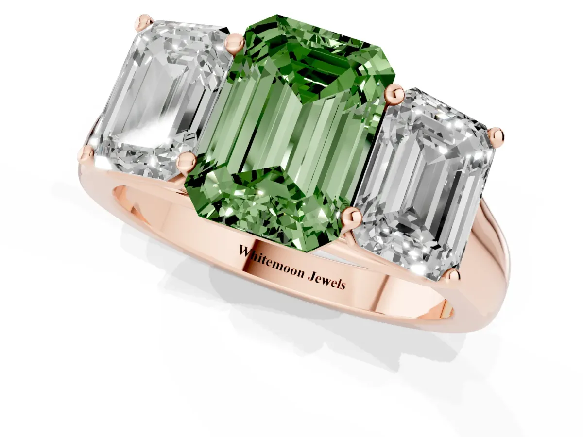 Fancy Green Emerald Cut Three-Stone Diamond Ring with Prong Setting on a Classic Band Rose gold
