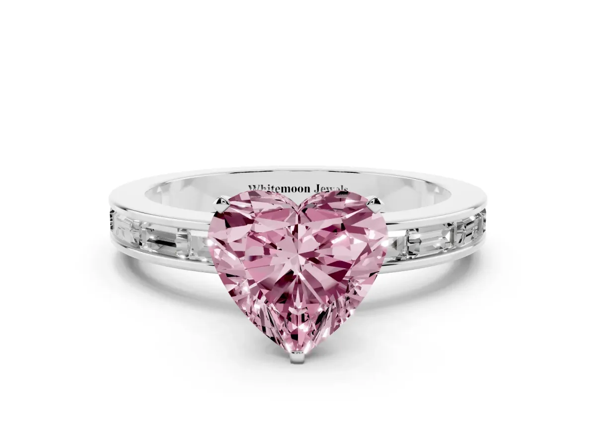 Fancy Pink Heart Cut Solitaire Diamond Ring with Channel-Set Baguette Band and Four-Prong Setting Platinum