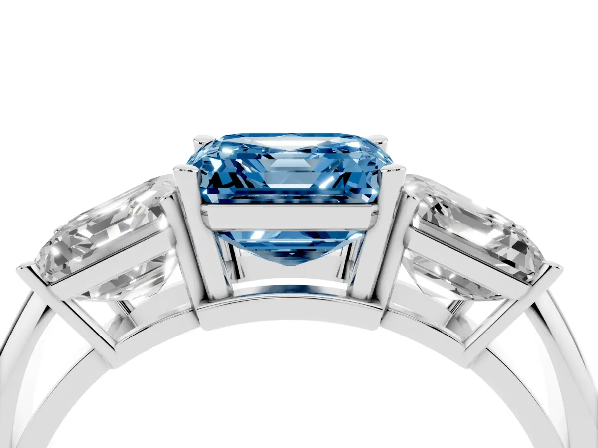 Fancy Blue Three-Stone Asscher Cut Cut Diamond Engagement Ring with Prong Setting on a White Gold Band White gold