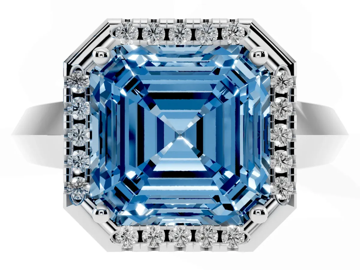 Fancy Blue Asscher Cut Halo Diamond Ring with Cathedral Band and Four-Prong Setting Platinum
