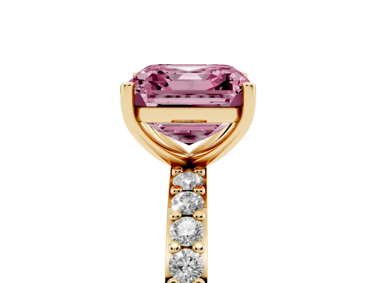 Fancy Pink Asscher Cut Cut Diamond Solitaire with Pave Band and Four-Prong Setting Yellow gold