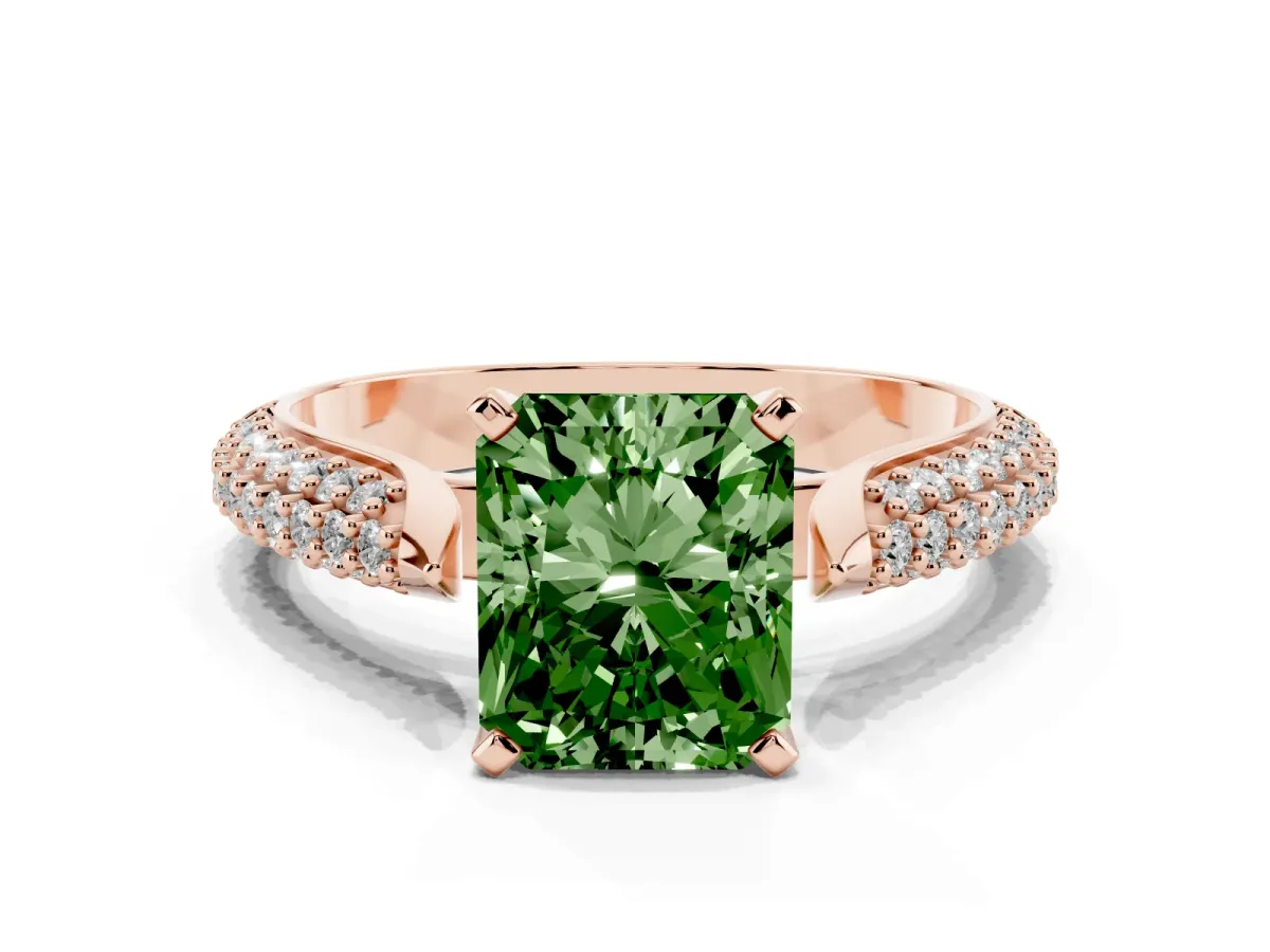 Fancy Green Radiant Cut Diamond Solitaire Engagement Ring with Multi-Row Round Pavé Band and Prong Setting Rose gold