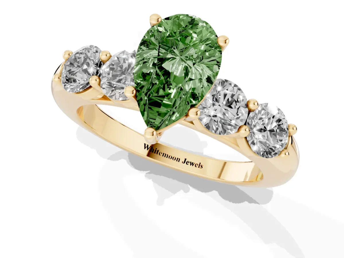 Fancy Green Pear Cut Cut Five-Stone Prong Set Diamond Ring with Classic Band Yellow gold