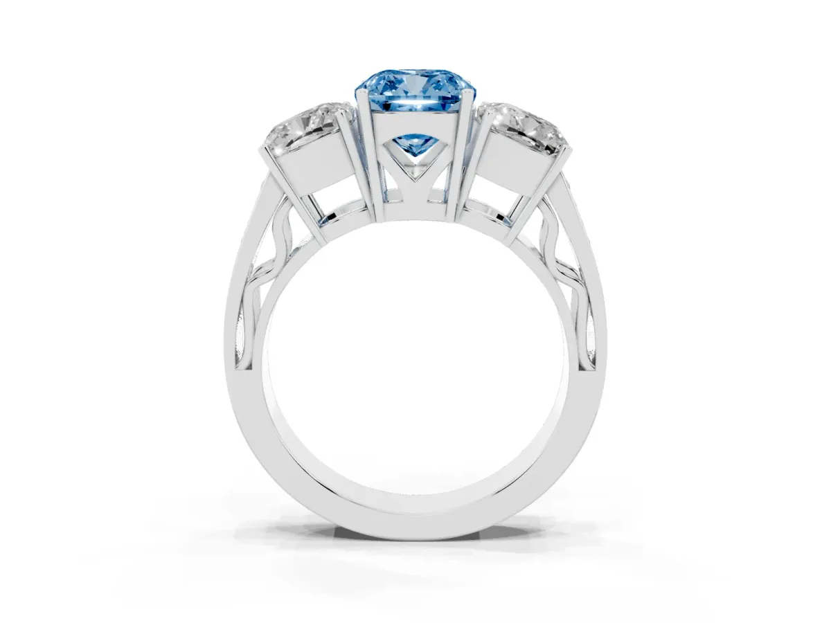 Fancy Blue Cushion Cut Diamond Three-Stone Ring with Prong Setting and Textured Band Platinum