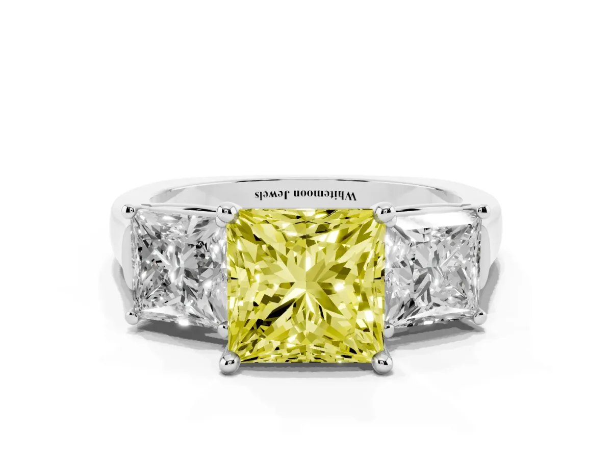 Fancy Yellow Three-Stone Princess Cut Brilliant Diamond Trellis Ring with Comfort Fit Band White gold
