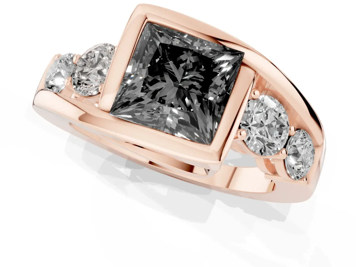 Fancy Black Bezel Set Princess Cut Diamond Bypass Ring with Round Accents Rose gold