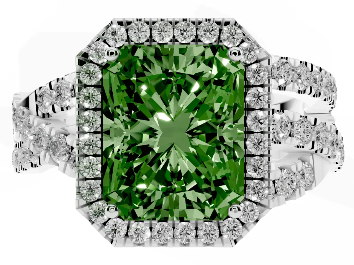 Fancy Green Radiant Cut Diamond Halo Ring with Round Split Shank and Prong Setting Silver
