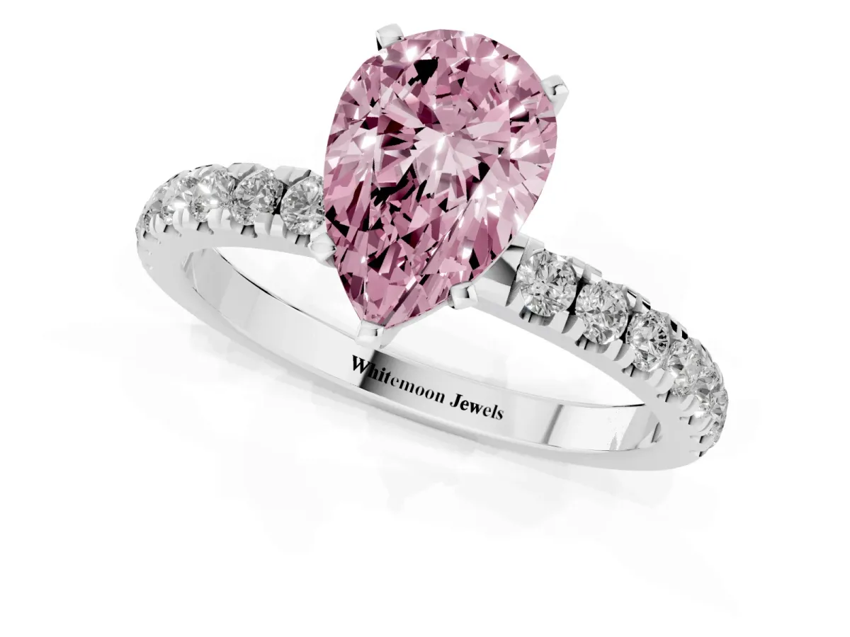 Fancy Pink Pear Cut Diamond Solitaire Ring with Pavé Accents and Four-Prong Setting White gold