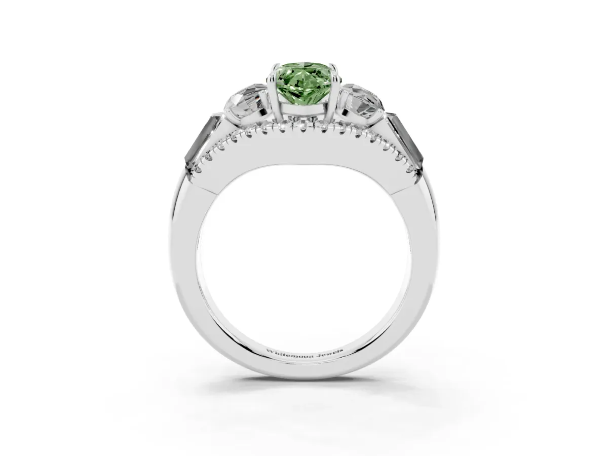 Fancy Green Three-Stone Marquise Cut Diamond Engagement Ring with Pave Band and Prong Setting Silver