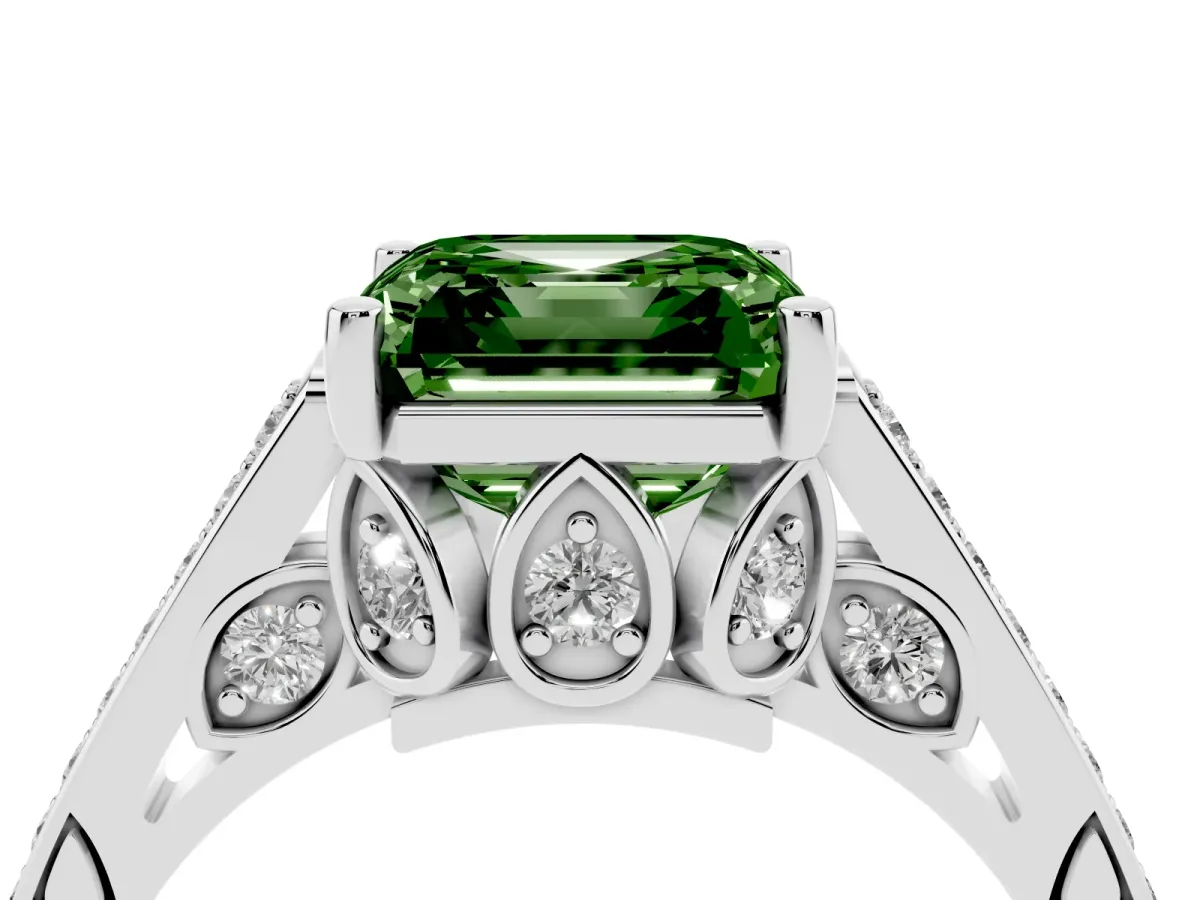 Fancy Green Asscher Cut Cut Cathedral Pave Diamond Engagement Ring with Six-Prong Setting Silver