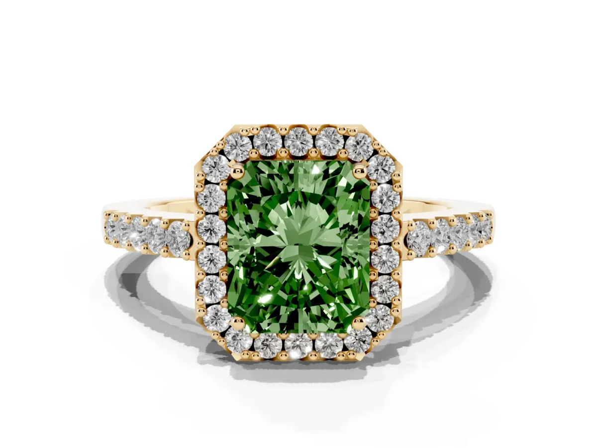 Fancy Green Radiant Cut Halo Diamond Pavé Solitaire Ring Yellow gold
