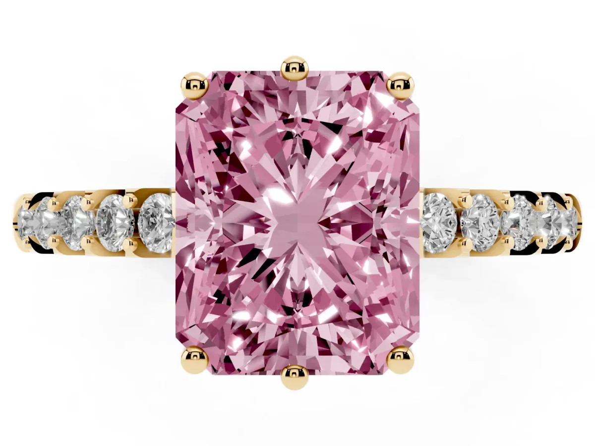 Fancy Pink Radiant Cut Solitaire Diamond Engagement Ring with Pavé Band and Six-Prong Setting Yellow gold