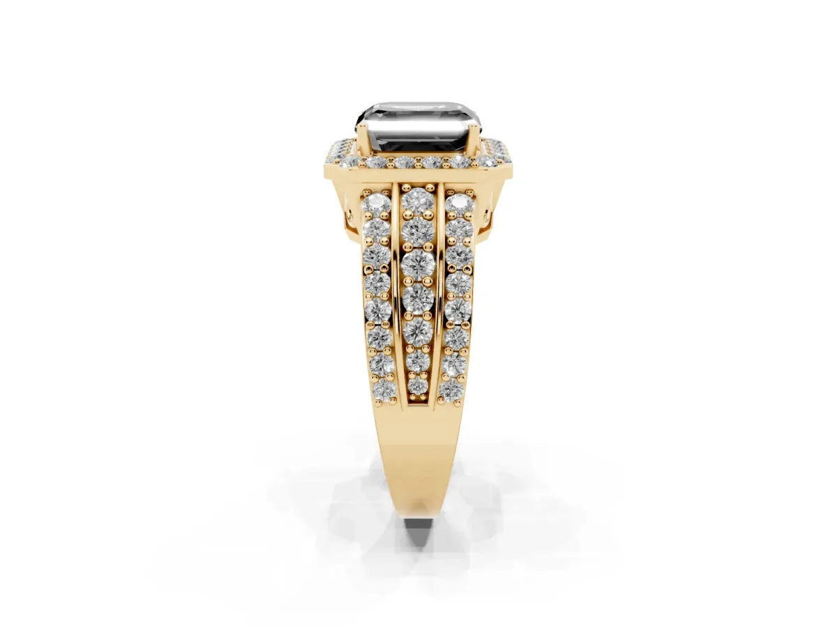 Fancy Black Asscher Cut Halo Diamond Ring with Round Split Shank and Prong Setting Yellow gold