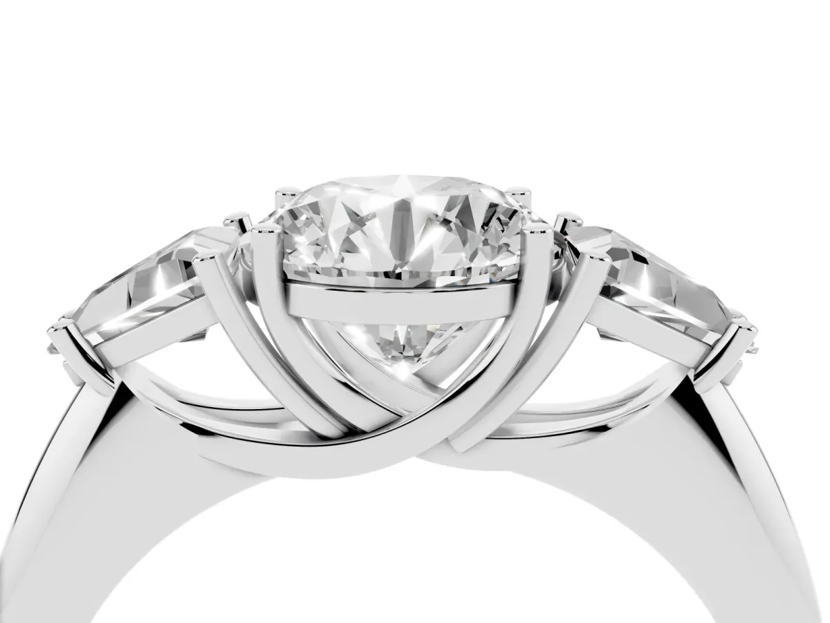 Three-Stone Round Cut Diamond Engagement Ring with Trillion Side Stones and Prong Setting Silver