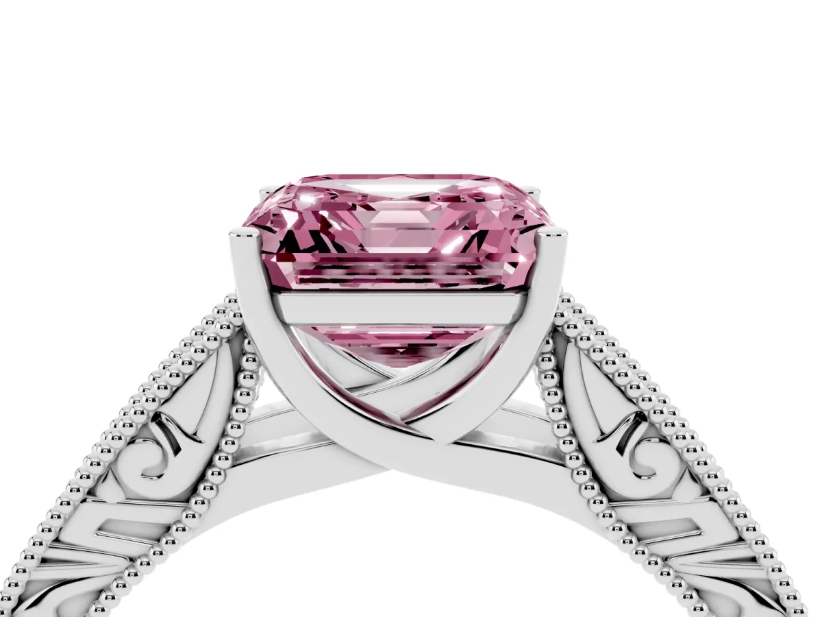 Fancy Pink Asscher Cut Diamond Solitaire Ring with Engraved Band and Four-Prong Setting Silver