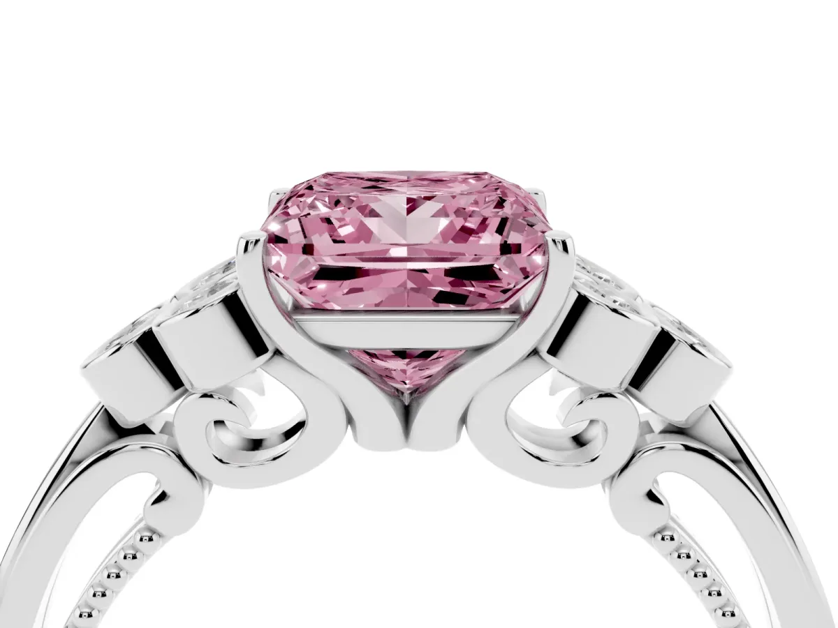 Fancy Pink Princess Cut Cut Diamond Engagement Ring with Bezel Set Round Side Stones and Prong Setting Silver