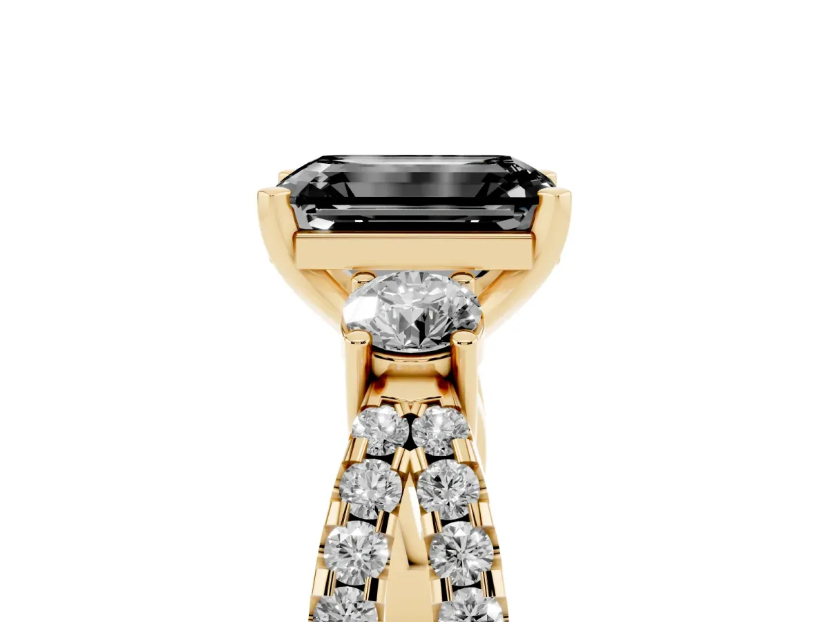 Fancy Black Emerald Cut Diamond Three-Stone Ring with Pavé Split Shank and Four-Prong Setting Yellow gold