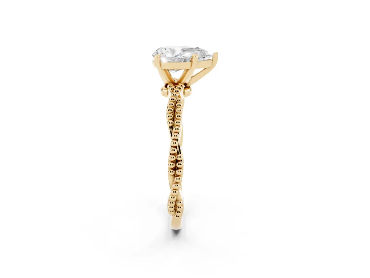 Pear Cut Solitaire Twisted Band with Bead Prong Setting Yellow gold