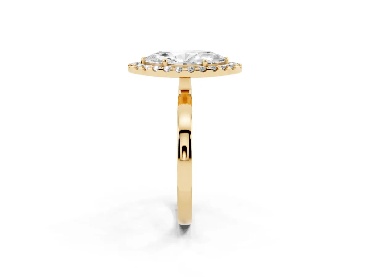 Marquise Cut Halo Diamond Solitaire with Pavé Band and Four-Prong Setting Yellow gold