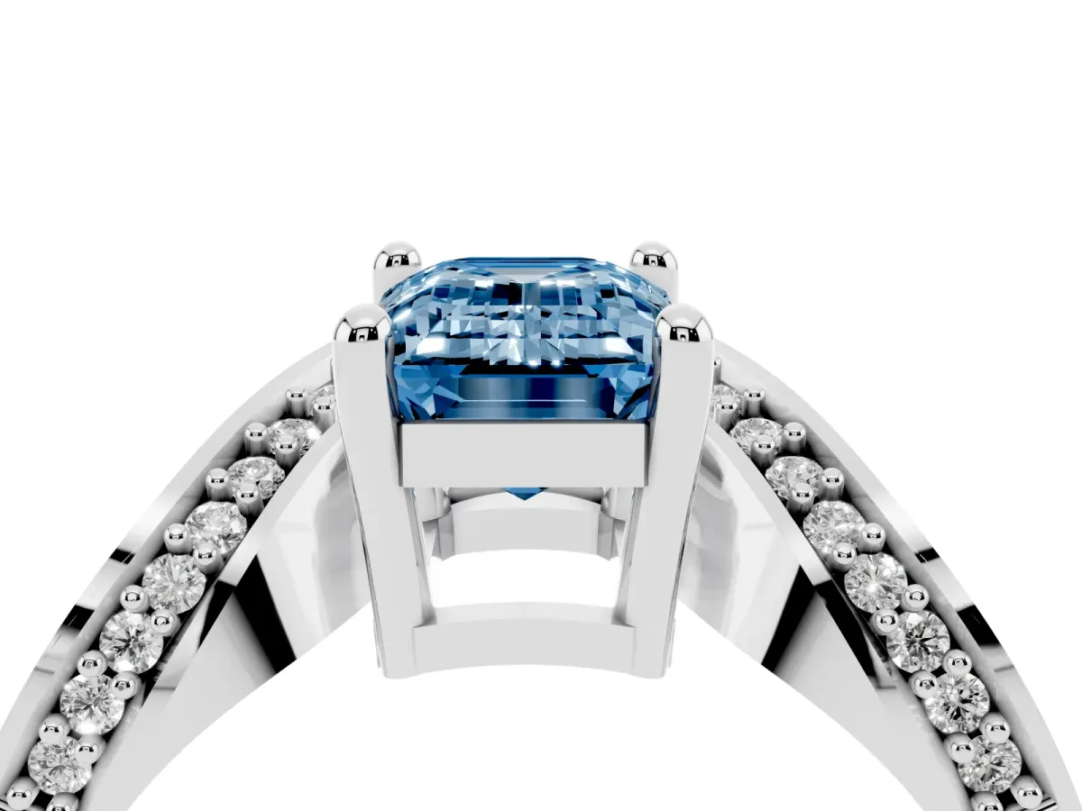 Fancy Blue Emerald Cut Solitaire Diamond Engagement Ring with Pave Band and Four-Prong Setting Silver